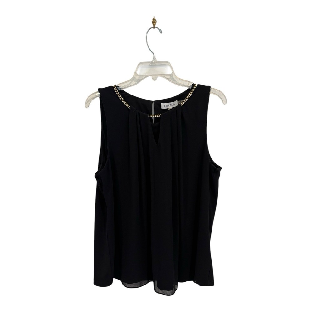 Calvin Klein Top Women Large Black Gold Tone Chain Neckline Chiffon Overlay